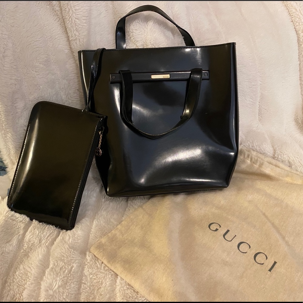 RARE Gucci Vintage Glossy Black Leather Tote - Picture 2 of 15